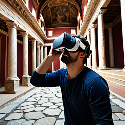 Home 6 A person wearing a VR headset experiencing a virtual reality tour of a historical site, showcasing interactive elements and a high level of immersion.