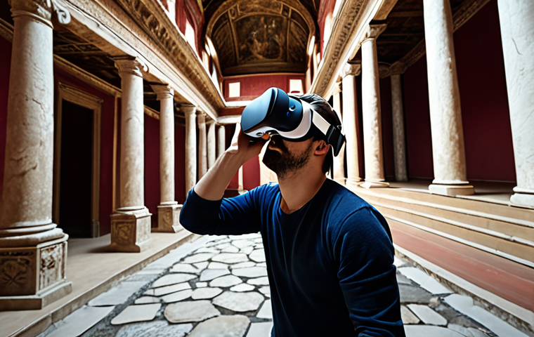 A person wearing a VR headset experiencing a virtual reality tour of a historical site, showcasing interactive elements and a high level of immersion.