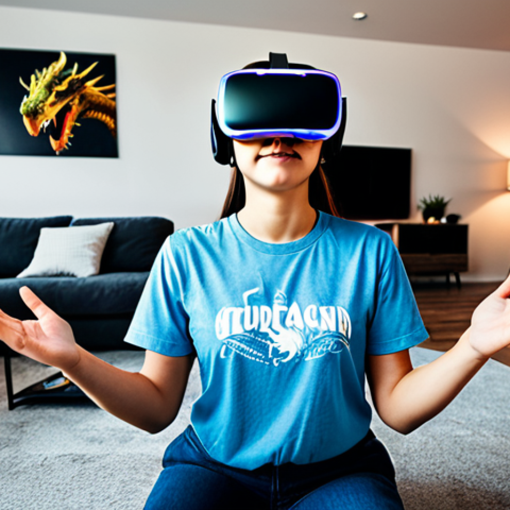 **VR Gaming Session:** "A fully clothed young woman wearing a VR headset, immersed in a vibrant, family-friendly fantasy game world with dragons and castles, perfect anatomy, correct proportions, well-formed hands, proper finger count, natural pose, professional gaming setup in a modern living room, appropriate attire, safe for work, professional, modest, high quality."