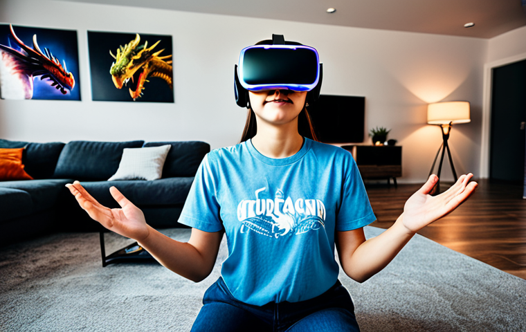 **VR Gaming Session:** "A fully clothed young woman wearing a VR headset, immersed in a vibrant, family-friendly fantasy game world with dragons and castles, perfect anatomy, correct proportions, well-formed hands, proper finger count, natural pose, professional gaming setup in a modern living room, appropriate attire, safe for work, professional, modest, high quality."