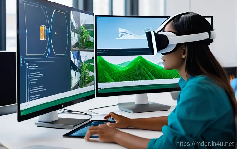 미디어기술사와 게임 엔진 활용 - **Prompt:** A digital artist (a woman in her early thirties with stylish glasses) is seated at a min...