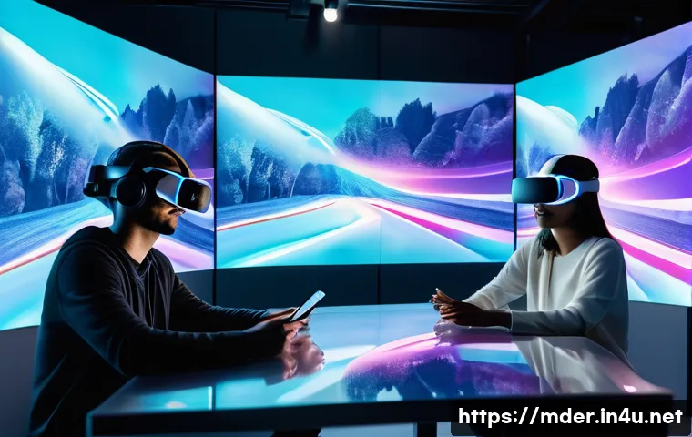 미디어기술사와 디지털 트랜스포메이션 - **Prompt:** A group of diverse young adults, casually dressed, experiencing an immersive media conte...